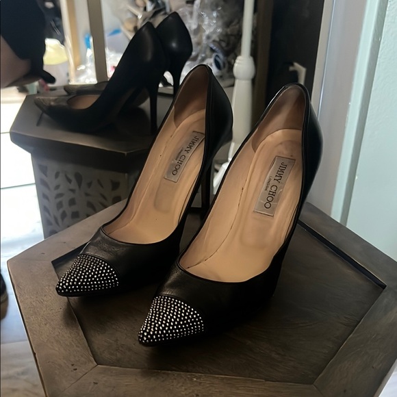 Jimmy Choo Shoes - 🛑 1 hour sale. Jimmy Choo, 37.5 (US 7), Black leather, Rhinestone Heels, w/ COA